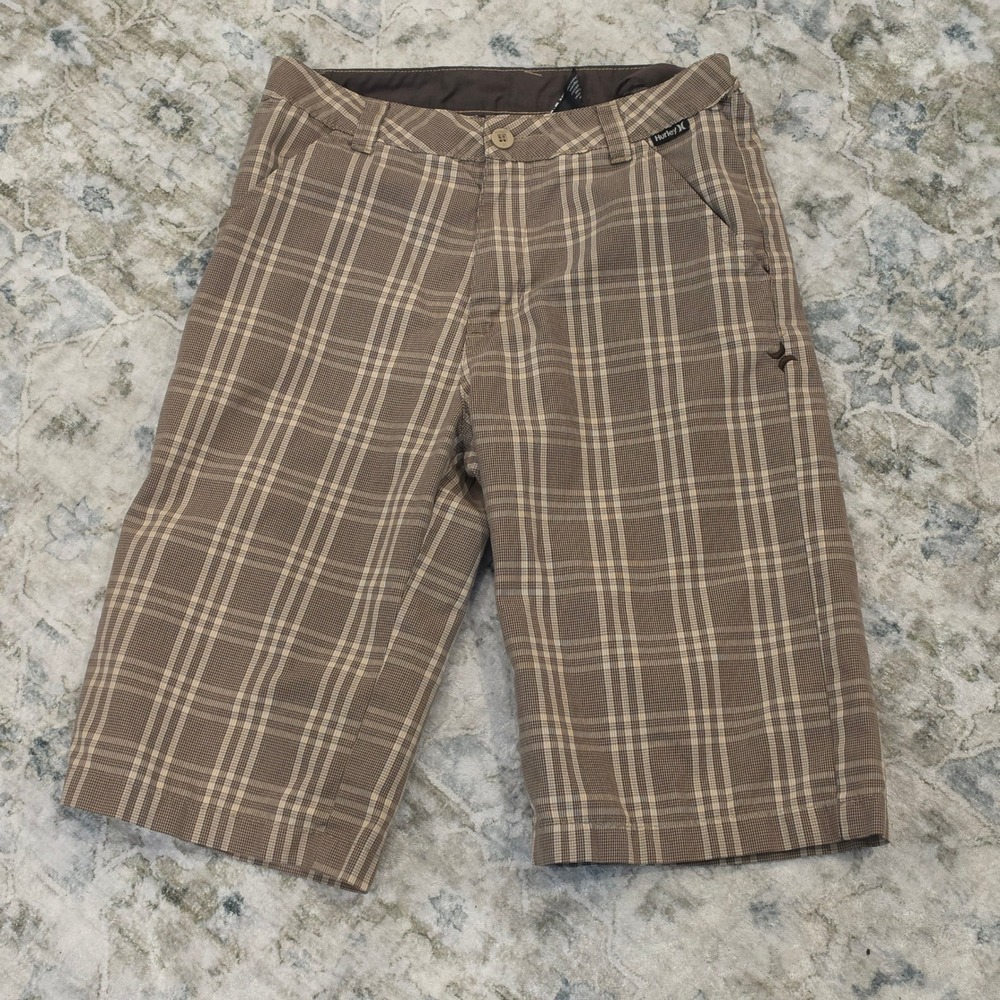Hurley Mens Plaid Walk Shorts Brown Tan Size 29 Flat Front Skater Surf Casual